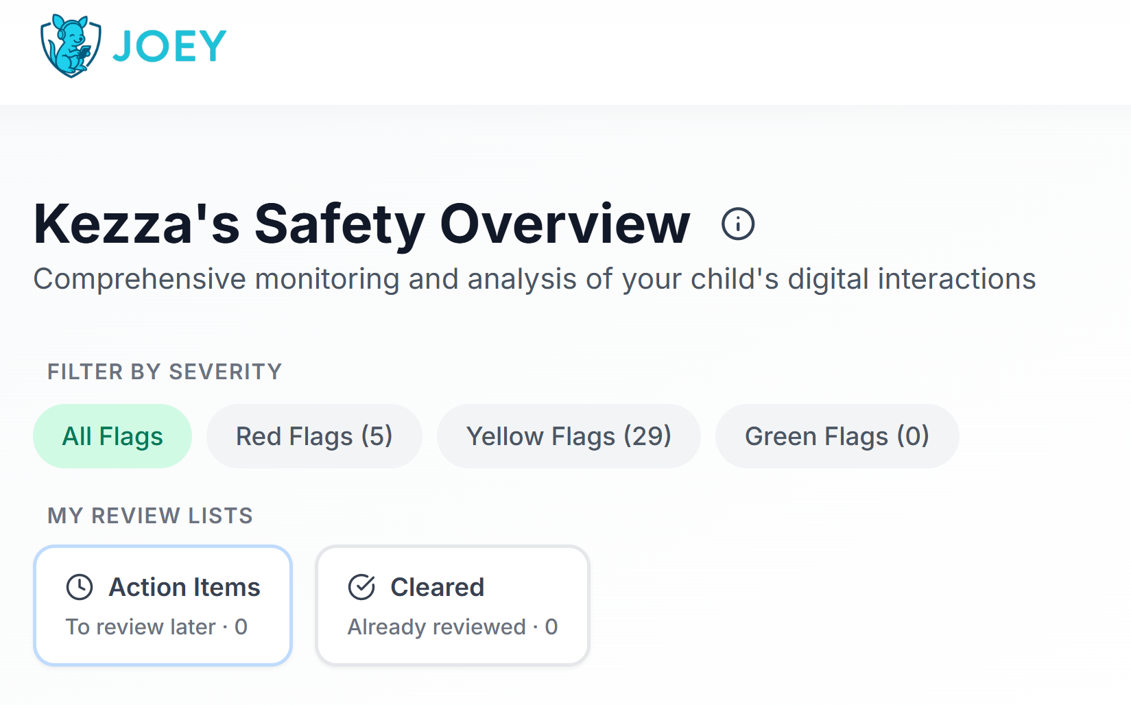 Joey Alerts dashboard listing red and yellow flags by alert category